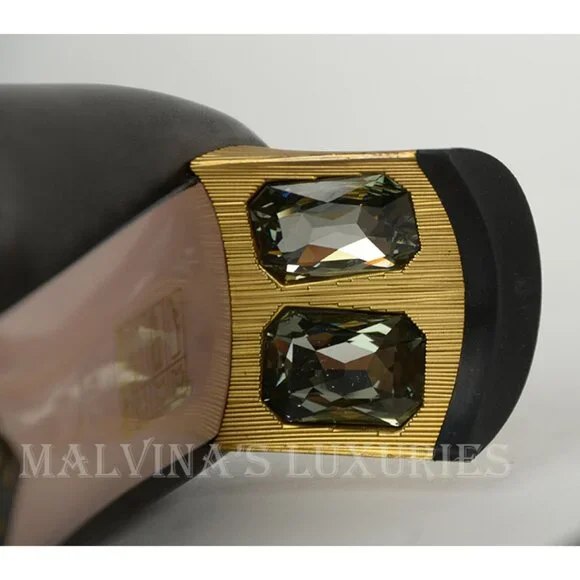 GUCCI BOOTS TALL ARIELLE GOLD MOON CRYSTAL HEEL BLACK LEATHER sz 37.5 7.5